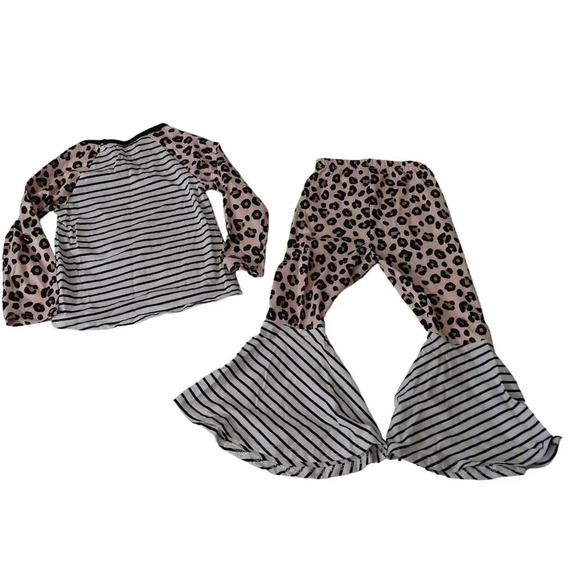 Marie Nicole 2 Pc Outfit Set Leopard Stripe Flare Leg Pants Long Slv Girl Size M - Picture 2 of 4